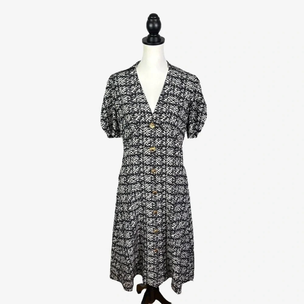 St John Jared Tweed Print Silk Shirtdress Size 4 Midi Goldtone Buttons - Picture 4 of 16